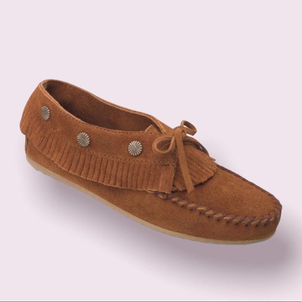 Minnetonka moccasins with fringe and studs